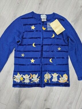 VTG Quacker Factory QVC Blue Angels Stars Moon Celestial Cardigan Sweater M NWT